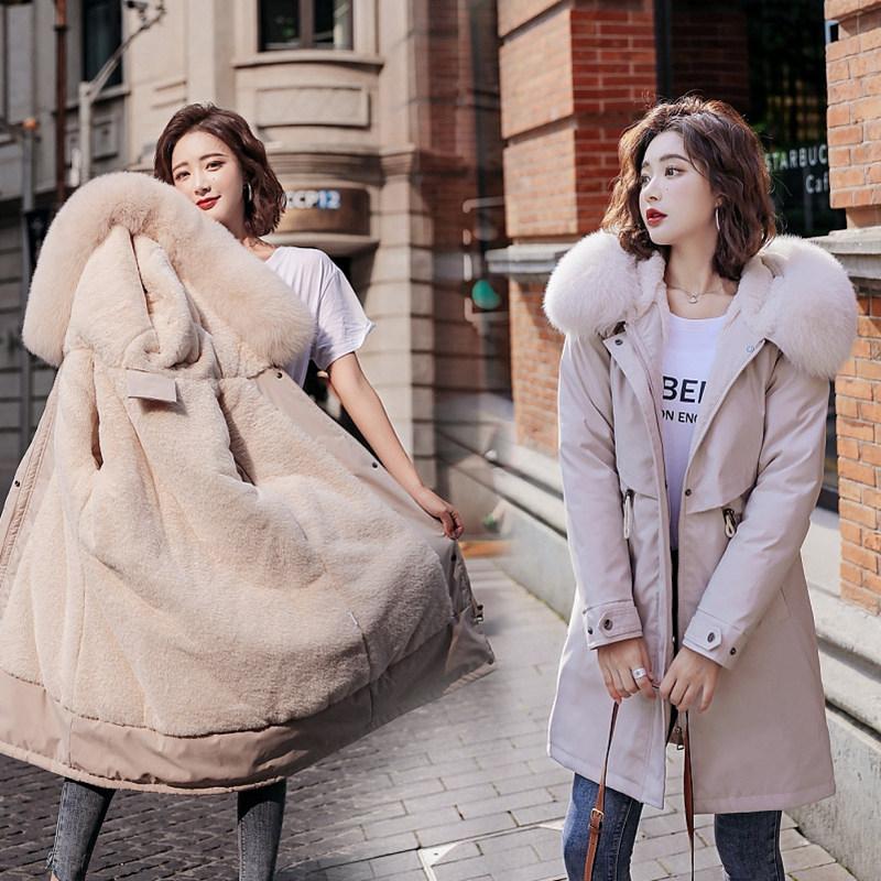 Women Fall Winter Jacket Coat Parka Thicken Cotton Liner Medium Long Hooded Fur Collar Adjustable Waist Solid Color M-6XL