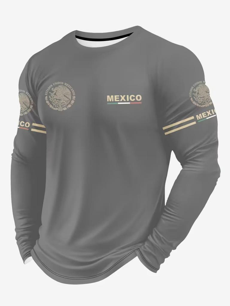 Mexico Eagle Print T Shirt for Men Fashion Comfortable Polyester Long Sleeve T-Shirt Casual O-Neck Pullover Autumn Loose Men's Tops