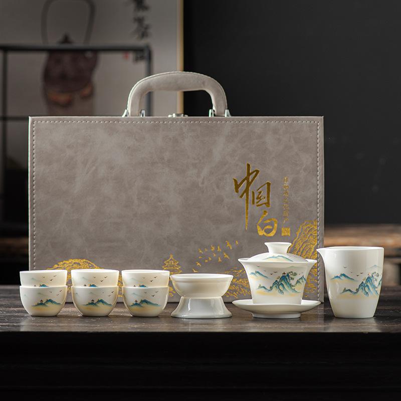 White Porcelain Kung Fu Tea Set Gift Box High-end Travel Tea Set Cover Bowl Teacup Suet Jade
