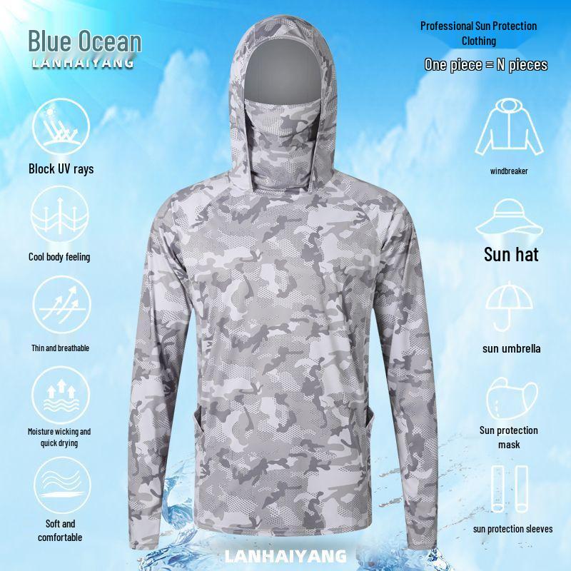 Men’s Outdoor Camouflage Sun Protection Ice Silk Sportswear with Face Covering