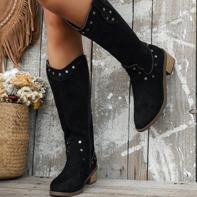 Модные высокие каблуки замшевые женские длинные ботинки челси 2024 года с острым носком массивные туфли зимние высокие ретро-мотоциклетные ботинки