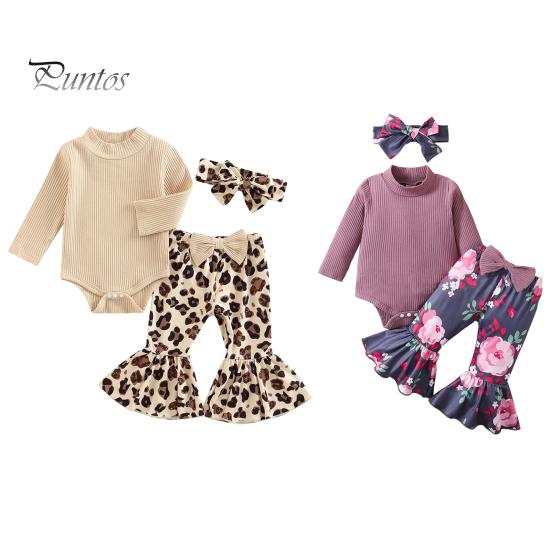 3 шт./комплект детский топ брюки повязка на голову костюм для 0-24 месяцев цветочный принт расклешенные брюки высокий воротник трикотажный боди бант повязка на голову фото реквизит