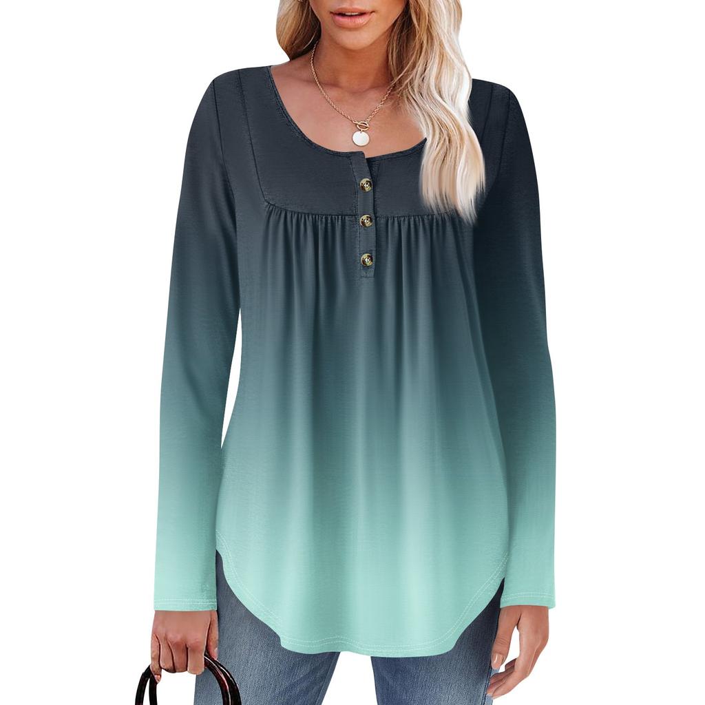 Женская туника с длинным рукавом, свободные топы, повседневные топы оверсайз, плиссированная туника, застегивающаяся на пуговицы, повседневные женские топы с принтом