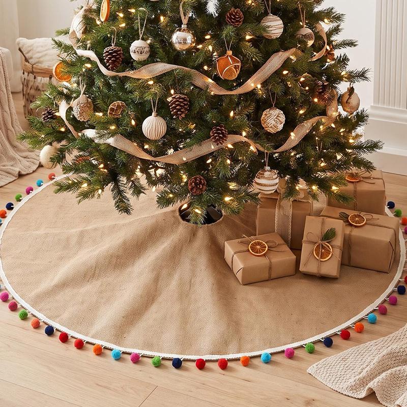 New Christmas Tree Skirt Christmas Tree Surround Colorful Pom Pom Linen Tree Skirt Tree Base Decor Scene Layout Supplies