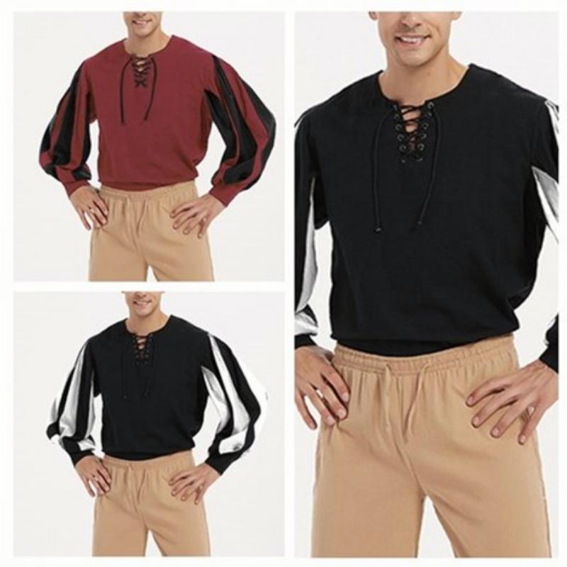 Летняя мужская винтажная свободная рубашка рыцаря со шнуровкой и длинными рукавами, средневековая драматическая рубашка для выступлений