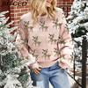 BITCED Women's Red Christmas Sweater with Deer Jacquard Pattern Relaxed Fit, Cute Long-Sleeved Pullover Knit