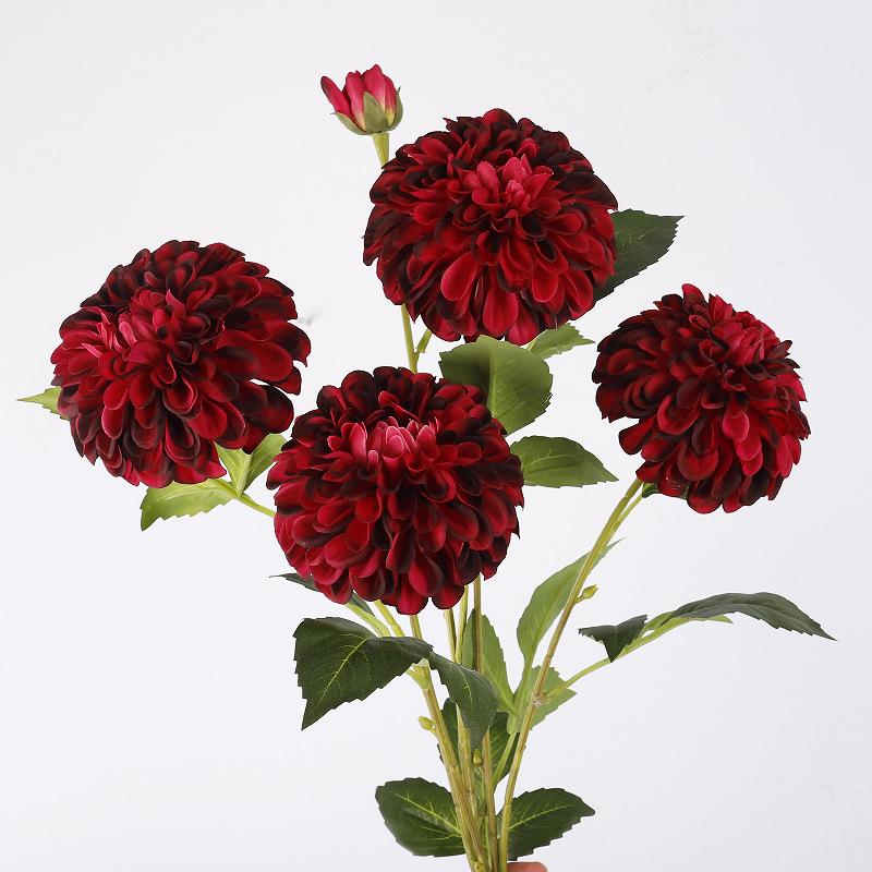 Artificial 3-Head Fu Shou Dahlia Flower for Wedding and Home Decoration