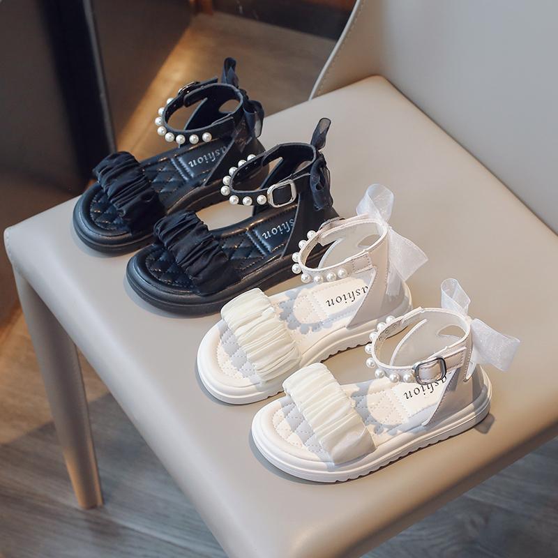 Сандалии принцессы для девочек с жемчугом, детская летняя пляжная обувь, мягкая подошва, модные детские сандалии-гладиаторы с бантом, размер 26-37