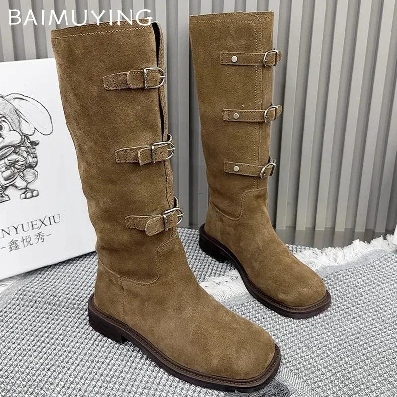 Женские высокие сапоги на плоской подошве с пряжкой, модная обувь до колена, новые мотоциклетные сапоги, зима 2025, трендовый дизайнер, готика, Botas De Mujer