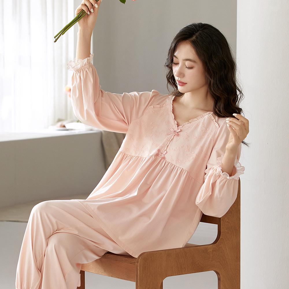 Женский пижамный комплект из лайкры и хлопка: Осенний топ с длинным рукавом и V-образным вырезом и брюки, однотонные, повседневная домашняя одежда