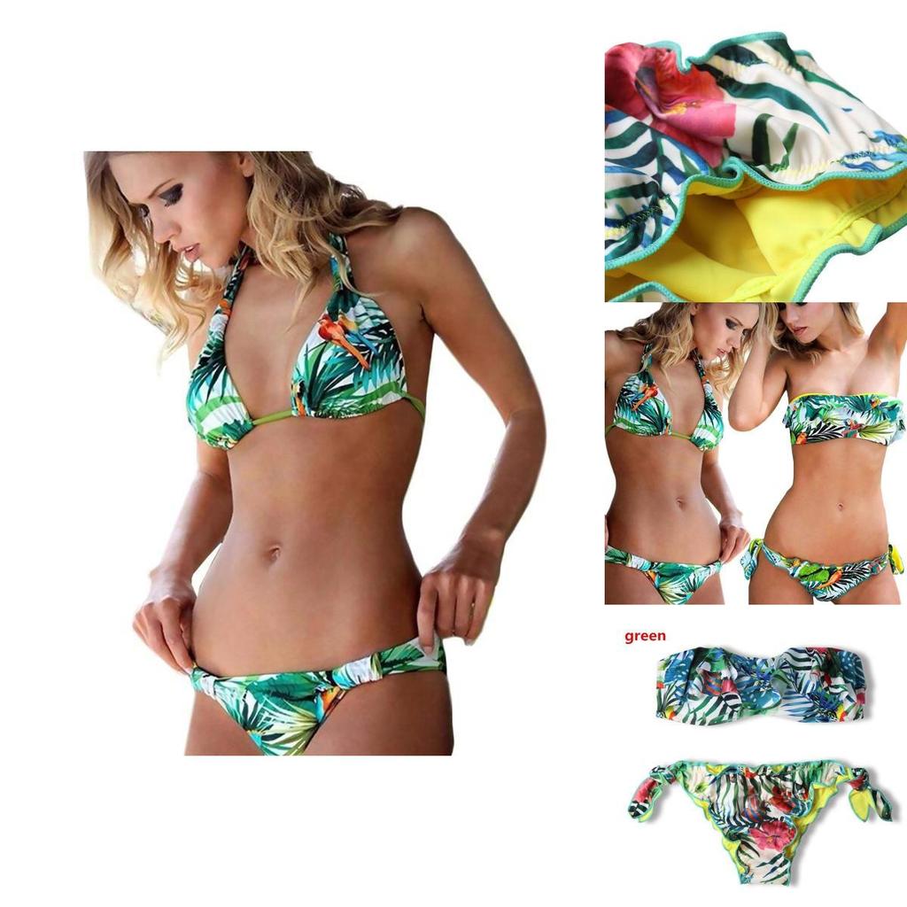 Exquisite Tropical Bikini Set With Green Leaf Print For Stylish Summer Swimwear