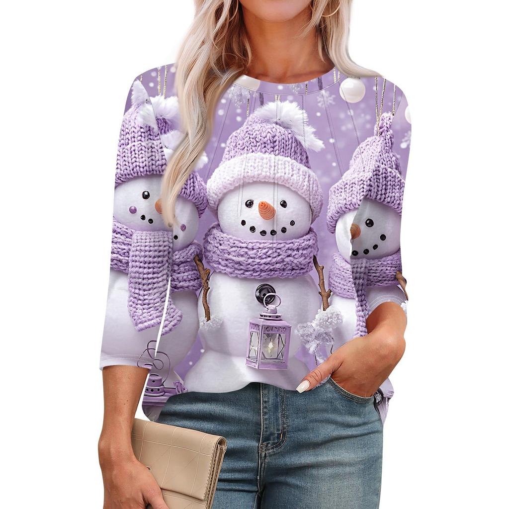 Женская модная футболка с круглым вырезом и рукавом 3/4 с принтом, повседневная, базовая, плиссированная, пуловер