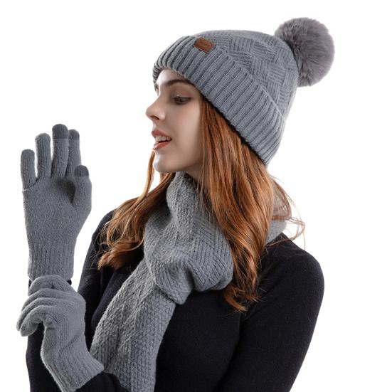 Women's Winter Hat Scarf Gloves Set Faux Fur Pompom Ball Knitted Cap Long Scarf Touch Screen Gloves Set for Cold Weather