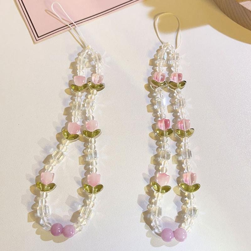 Colorful Floral Bead Phone Lanyard Pearls Wristlet Charm Strap Flower Phone Charm Strap Portable Chain for Smartphones