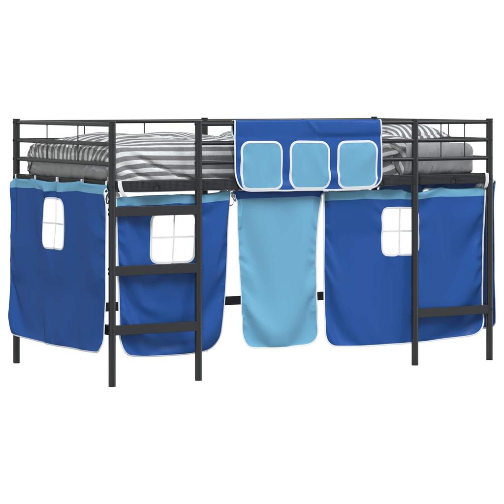 Kids Loft Bed Frame with Curtains Black and Blue