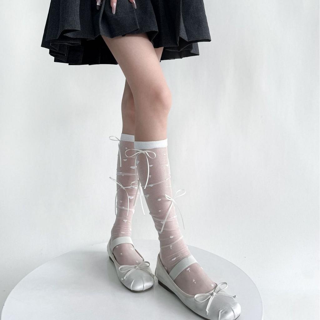 Летние ультратонкие носки до икры с бантиком-стримером и кружевом для женщин, кремово-белые, JK, из кристаллического шелка, милые носки