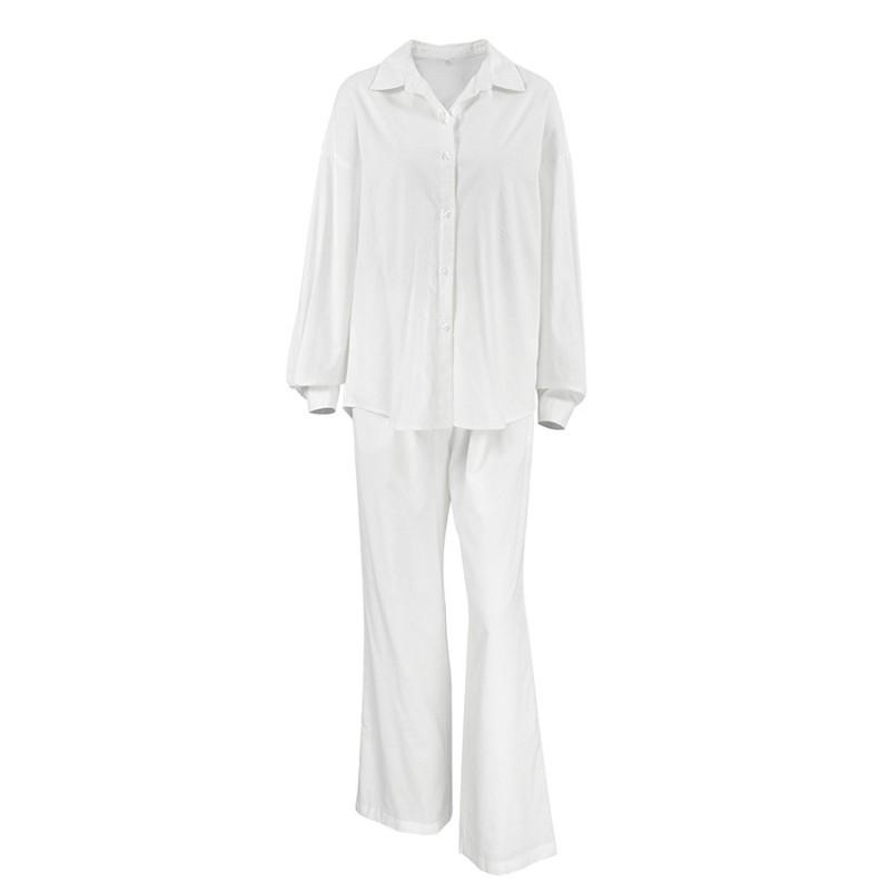 Womens Cotton Linen Blend 2-Piece Set Street Style Loose Casual Long Sleeve Shirt Pants