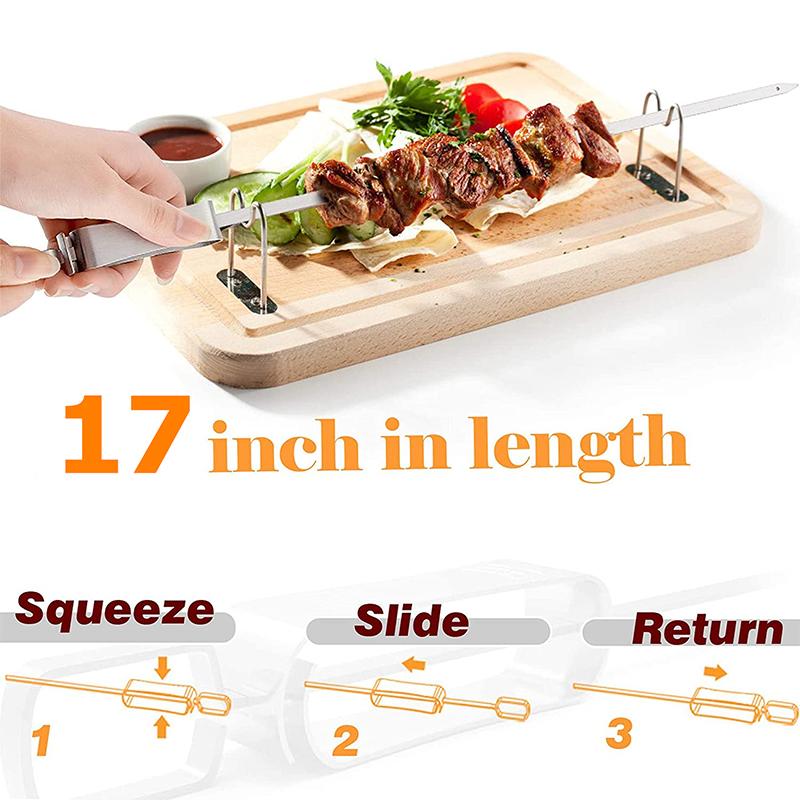 LMETJMA 17inch Kabob Skewers for Grilling Stainless Steel Flat BBQ Skewers with Quick Release Metal Sliding Handle JT45
