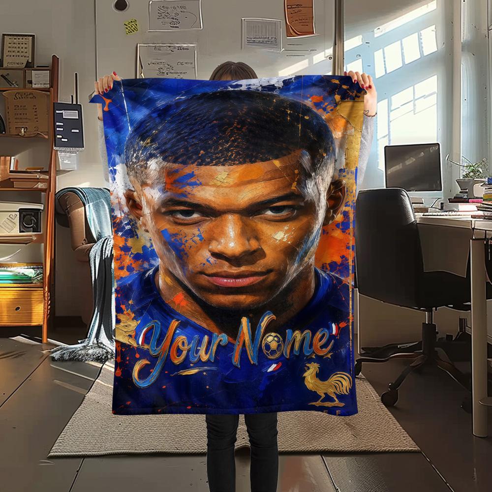 1PC Kylian Mbappe Custom Name Patterned Flannel Blanket Suitable For All Seasons For Home Decor Warmth And Comfort Gifts Holiday Present