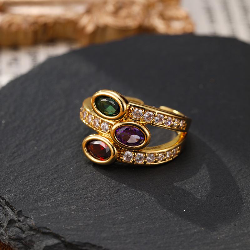 Copper-Plated Gold-Tone Zircon Gem Vintage Adjustable Women's Ring