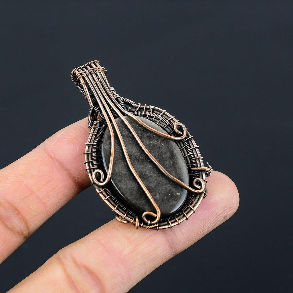 Серебряный блеск обсидиана драгоценный камень чистая медная проволока обернутая ювелирные изделия ручной работы кулон для подарка