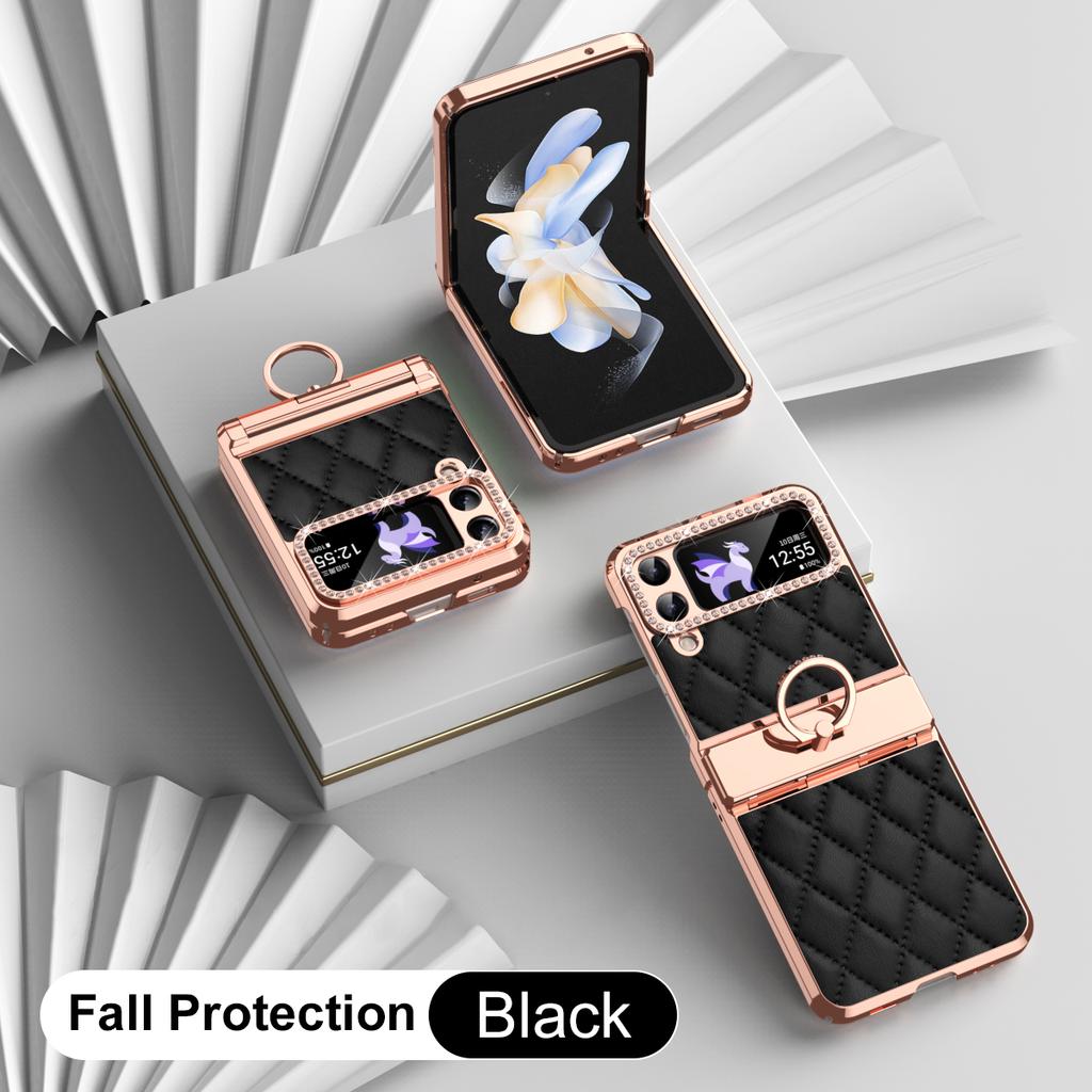 RENGZ Diamond Plating Leather Hinge Protection Case For Samsung Galaxy Z Flip 6 5 4 3 Folding Ring Holder Cover for Flip5 Flip4
