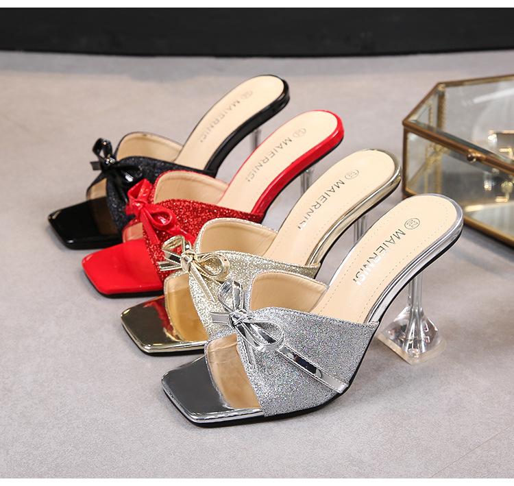 Красные сандалии на шпильке с неглубоким носком, модные модные тапочки большого размера на высоком каблуке, модные босоножки с открытым носком и бантом WZ
