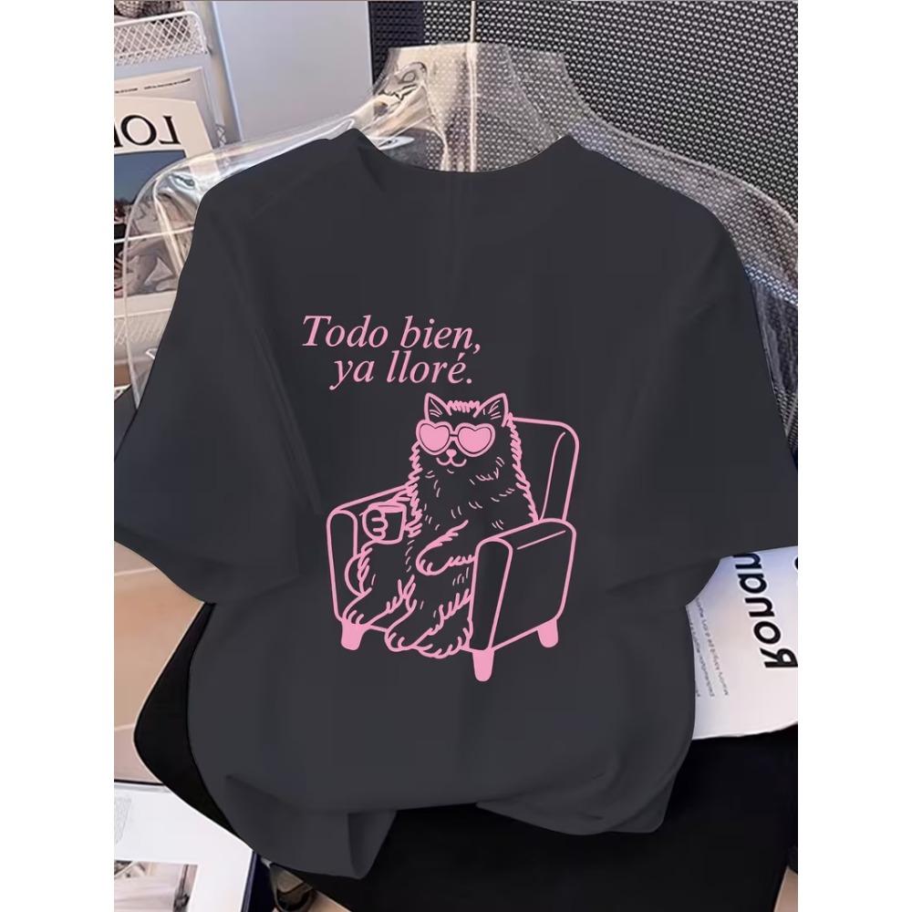 Todo Bien Ya Lloré Funny Cat Graphic T-Shirt, Casual Crew Neck Short Sleeve Top for Women, Cute Kitten Print Fashion Tee