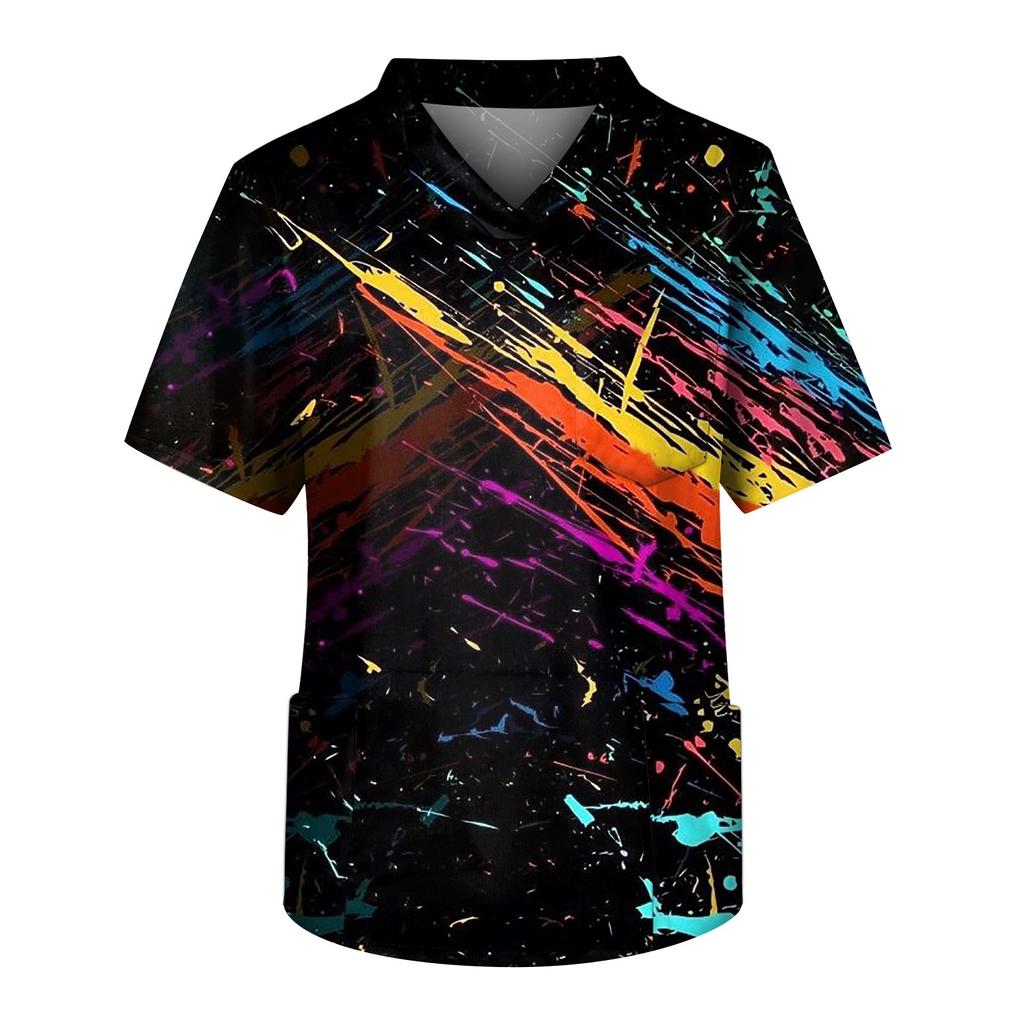 Мужская рабочая блузка с короткими рукавами и v-образным вырезом с принтом, топ с нагрудным карманом