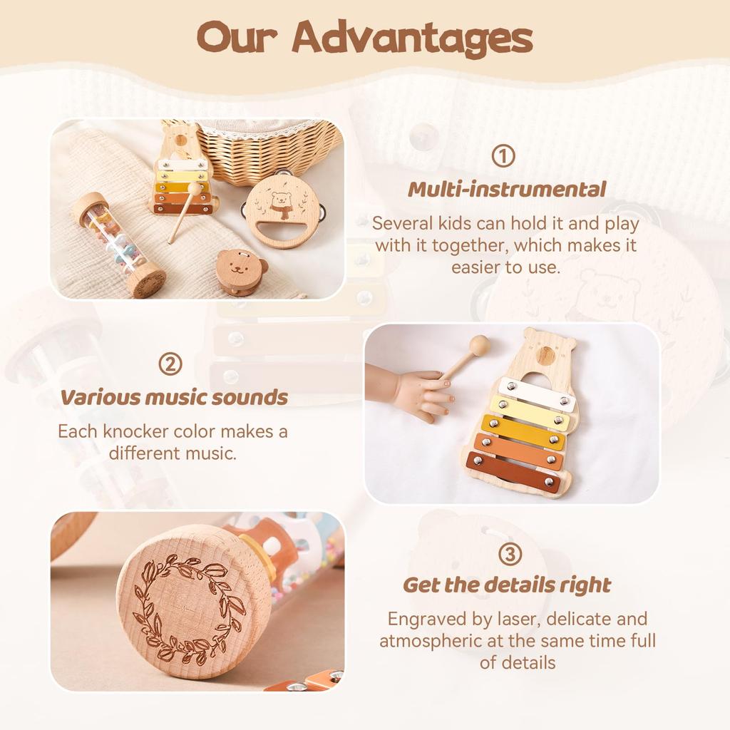 WOODEN TEETHER Musical Instrument Toy Music Enlightenment 4 Piece Set Rattle Wooden Toy Montessori Music Toy Xylophone Castanet Tambourine Rainbow