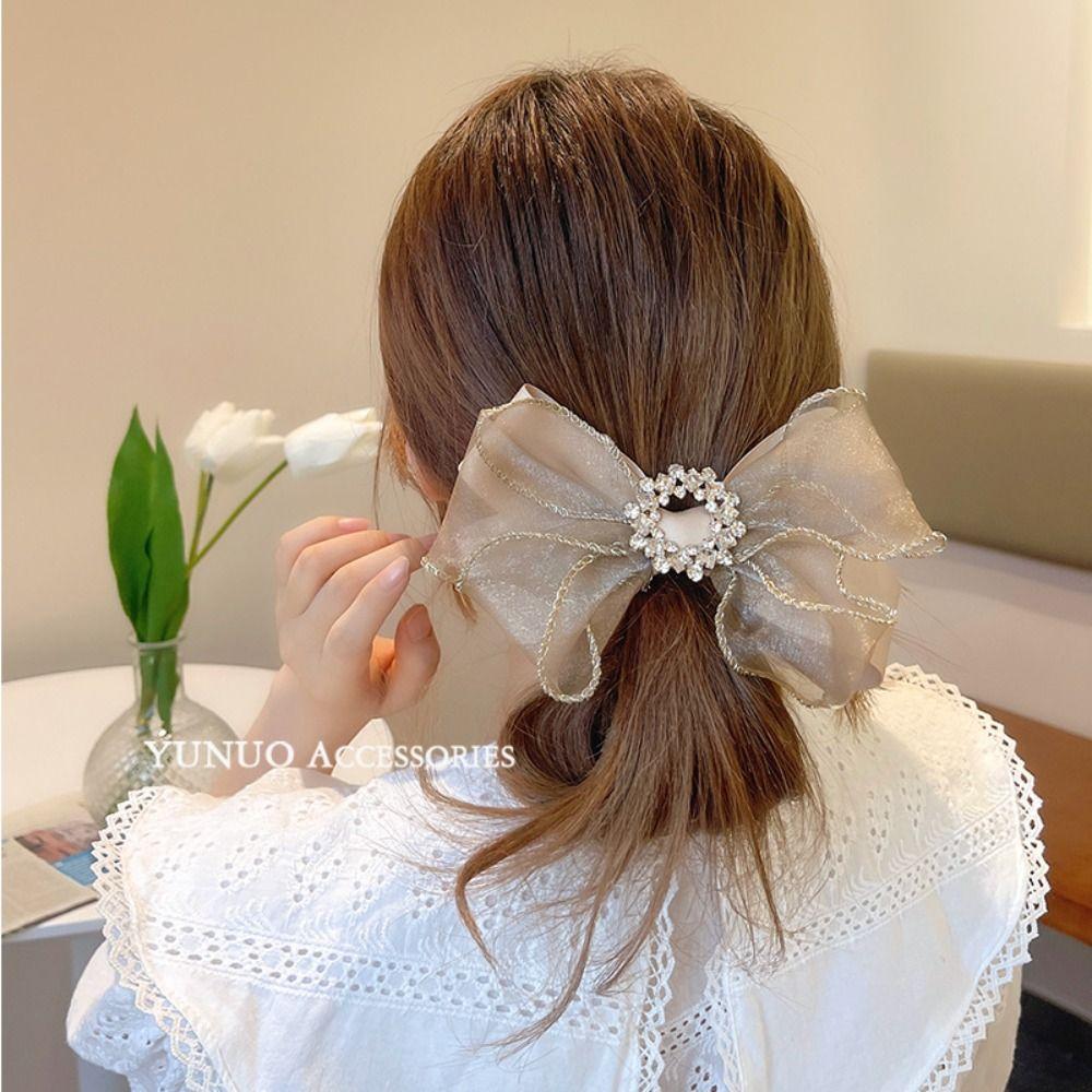 Korean Style Bow Hair Clip Large Size Crystal Hair Clip French Mesh Hair Clip Lady
