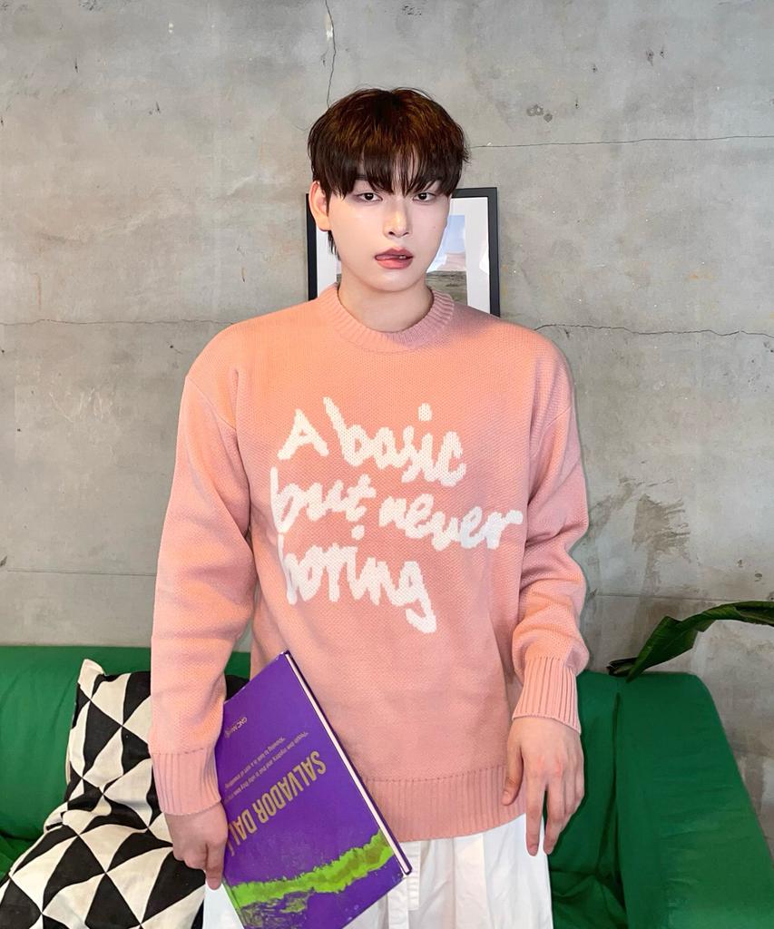 BLOND9 Slogan Round Knit Sweater_Pink (B Type)