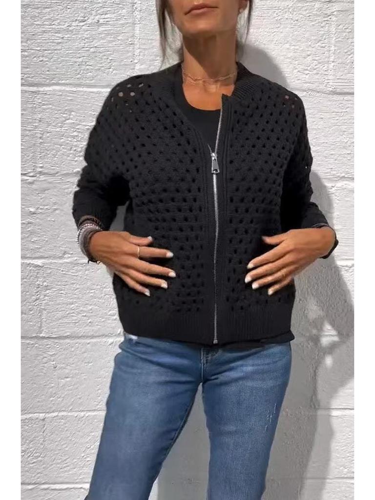 2025 Европейская и Американская Женская Повседневная Мода Ажурная Вязаная Куртка на Молнии