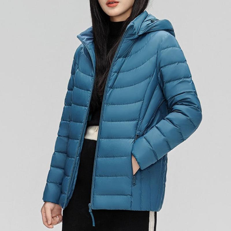 Женский пуховик с капюшоном, съемный, легкий, однотонный, простой, с 90% белого утиного пуха