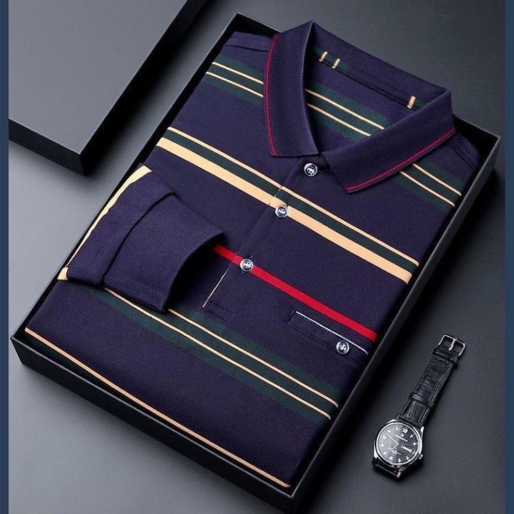 Men's Autumn Striped Long-Sleeve Collared Shirt - Loose Fit for Middle-Aged & Elderly