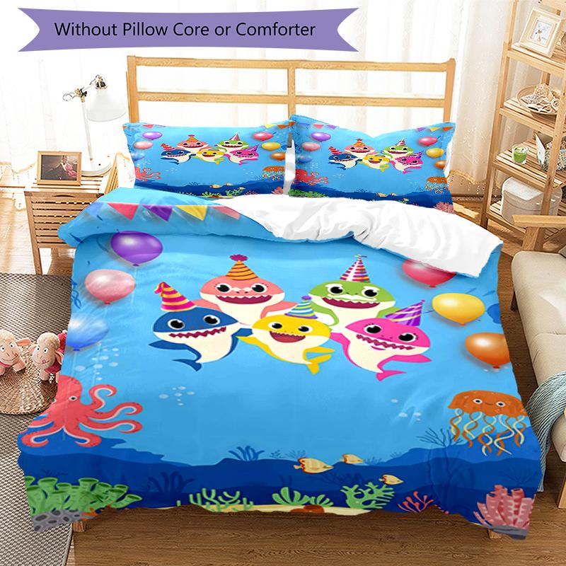3pcs Pinkfong Shark (3) Design Cover Set - HD Printed Bedding with 1 Cover and 2 Pillowcases - Perfect for Home and Dorm Decor