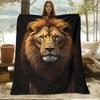 A Cozy Fleece Blanket Featuring a Lion Theme with Soft, High-Definition Digital Printing on a Black Background And Golden Mane, Perfect for Cooling Al