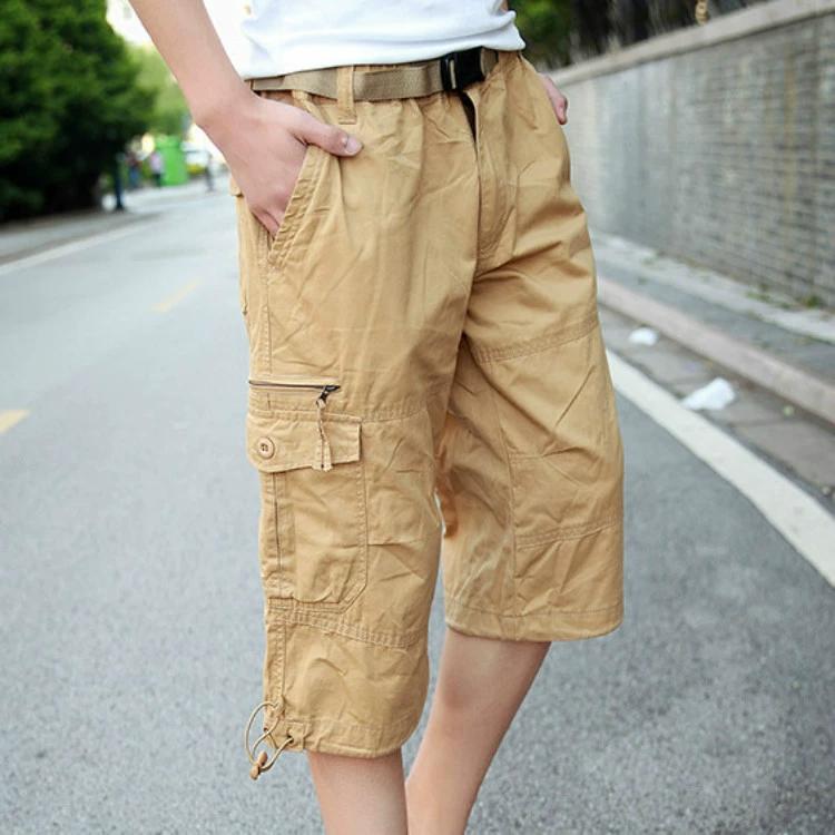Повседневные шорты для мужчин, летние укороченные брюки, мужские свободные эластичные брюки с несколькими карманами, спортивные бриджи