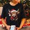 Funny Highland Cow Christmas Shirts Farm Cow with Santa Hat T-Shirt Xmas Bell Country Woman Men Christmas T Shirts Print Tops