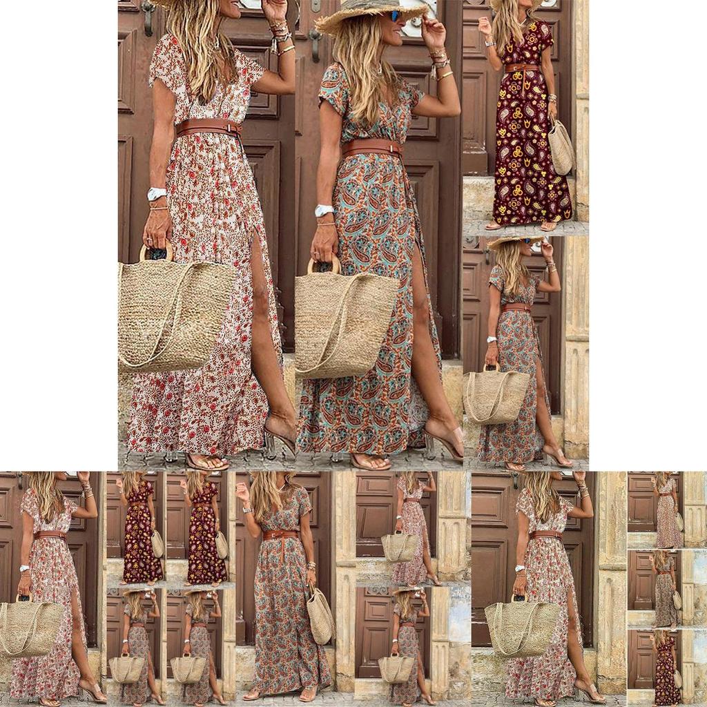 Цветочное Женское Летнее Длинное Макси Платье Леди V-образный Вырез Бохо Пляжное Праздничное Сарафан