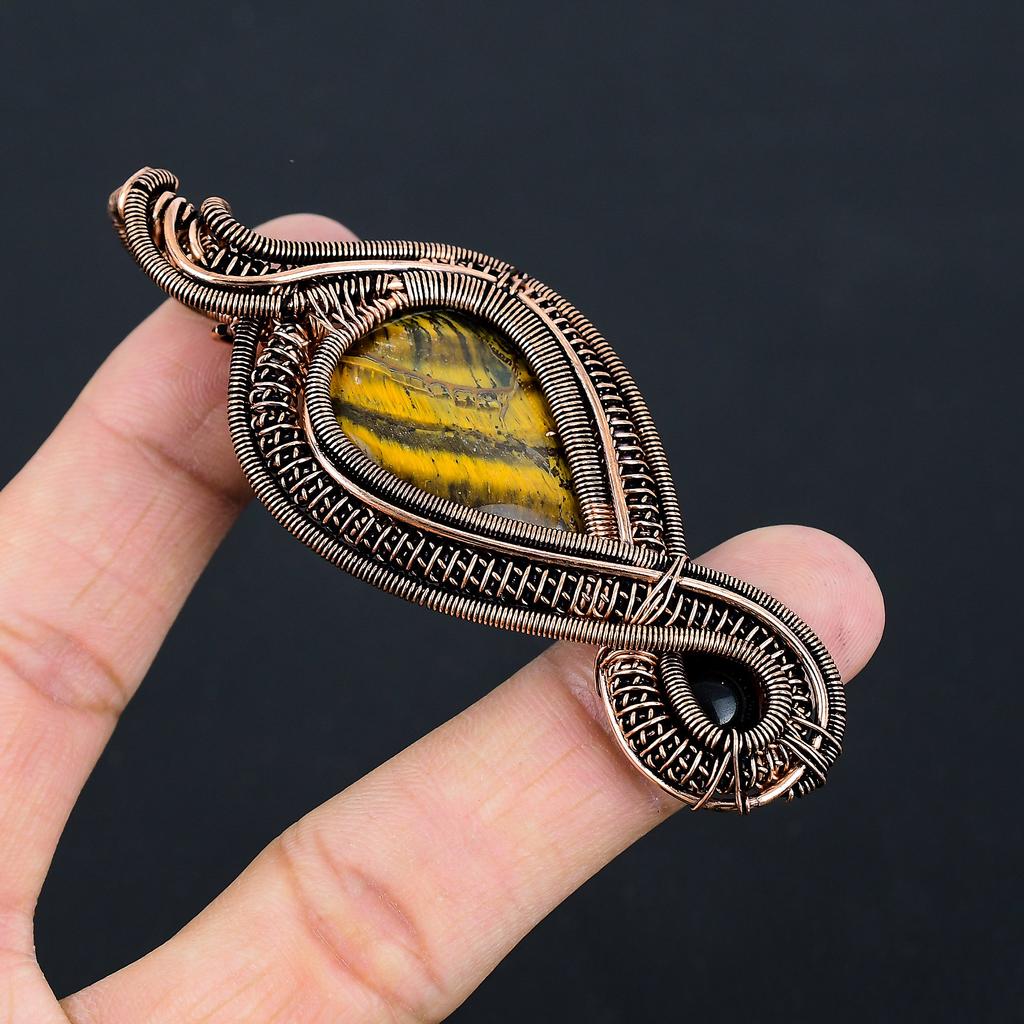 Подвеска из медной проволоки ручной работы с натуральным тигровым глазом, черным ониксом и камнем 3,35 W9d85