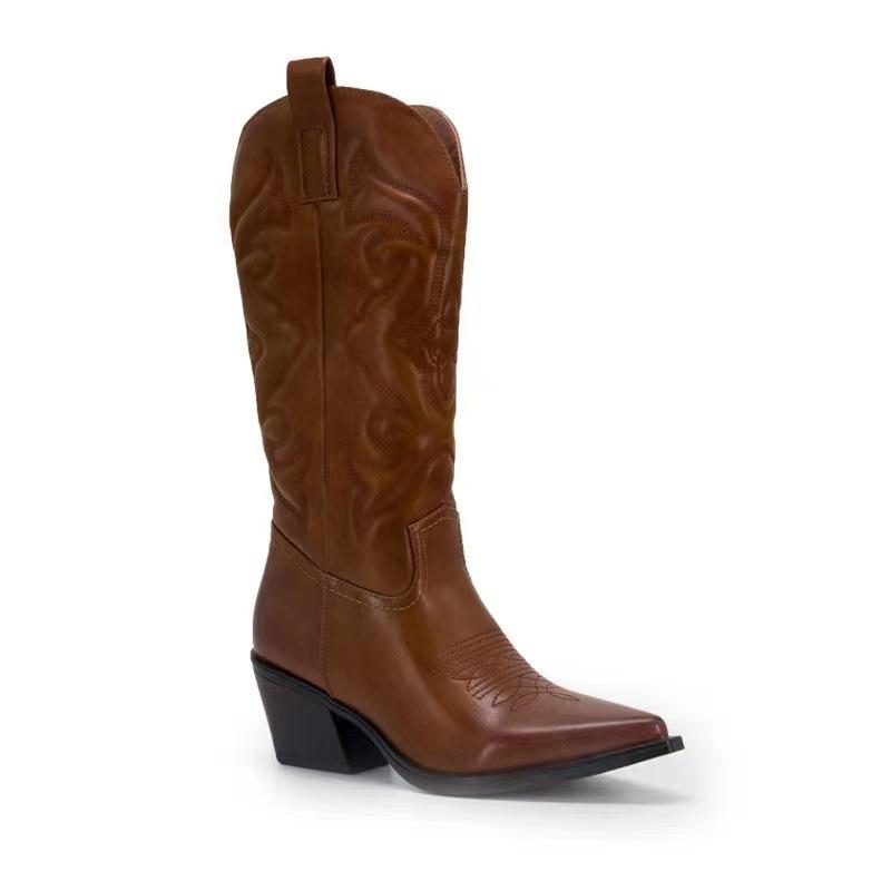 Ковбойские сапоги в стиле вестерн для женщин, блестящие металлические женские туфли с вышивкой до колена на шпильках с острым носком розового цвета для дропшиппинга