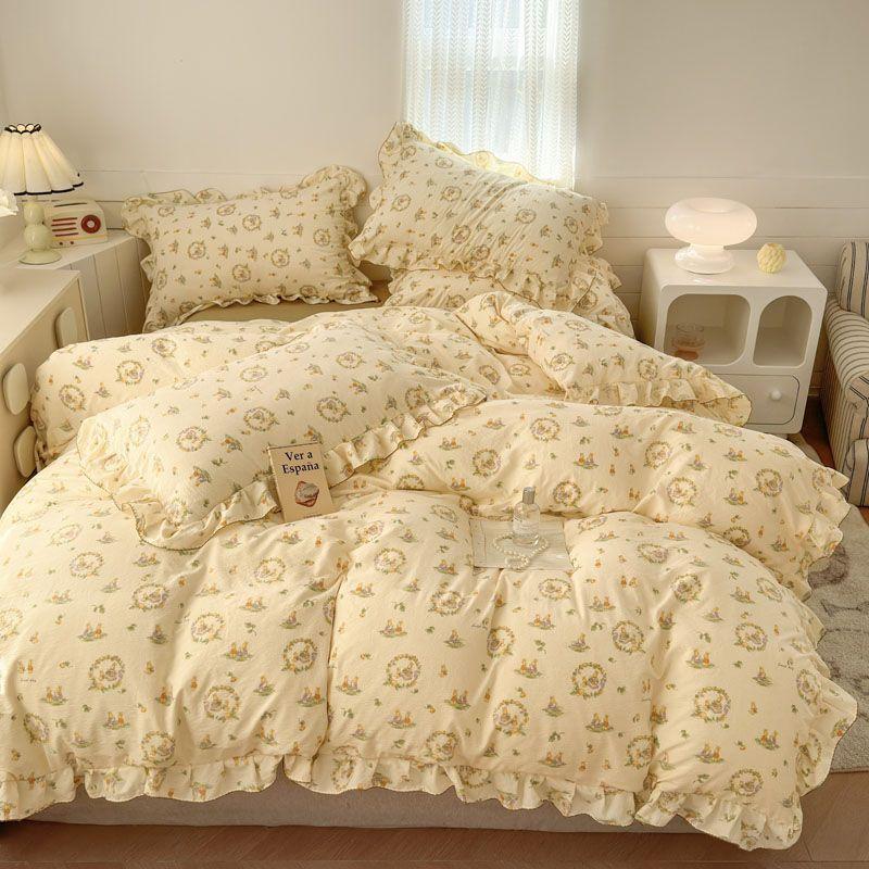 Ins Strawberry Bedding Set Spring Summer Soft Ruffles Princess Floral Duvet Cover No Filler Pillowcase Bed Sheet Quilt Cover