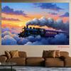 2D, 1 piece of retro steam train with a sunset sky background - polyester fabric, suitable for home, garden, and studio