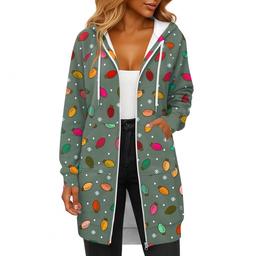 Women's Fashionable Christmas Printed Long Sleeved Drawstring Hooded Zipper Pocket Long Casual Sweatshirt Jacket