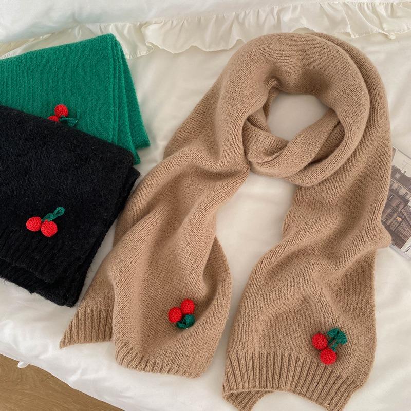 Cherry Knitted Wool Scarf Female Winter Cute Girl Soft Girl Small Fresh Versatile Student Warm Scarf