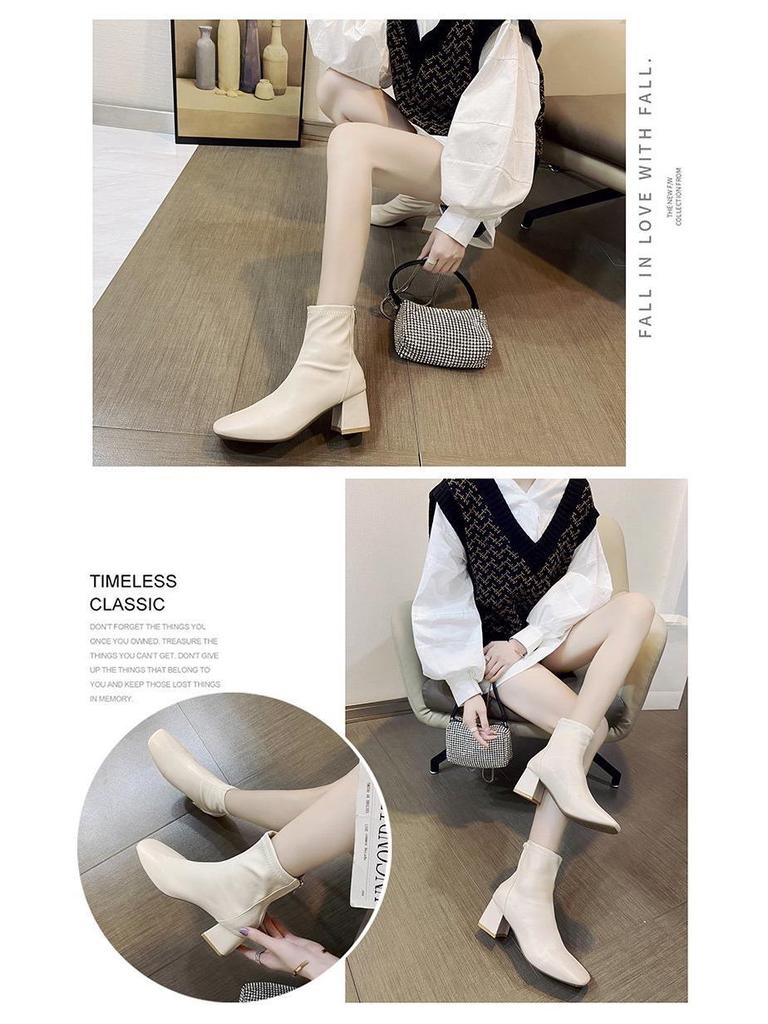 2024 Women's Winter Square Toe Martin Boots – European Style, Short with Rear Zipper & Thick Medium Heel