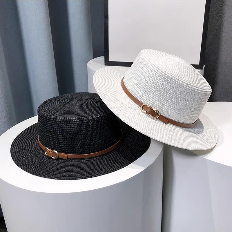 Flat Top Straw Hat Belt Accessories Leisure Summer Sunscreen Hat Women's Fashionable Beach Boater Hat Gifts 2023