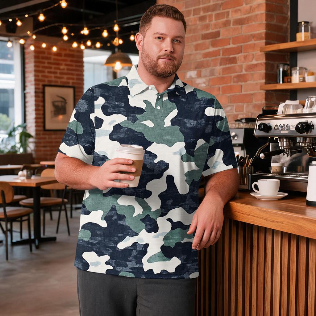 Men's Big Size Camouflage Print Golf Shirt Breathable Short Sleeve Polo Shirt Suitable for Casual Workwear Tops