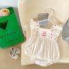 Summer Baby Romper with Heart Sleeve and Bunny Embroidery Square Neck Shortall